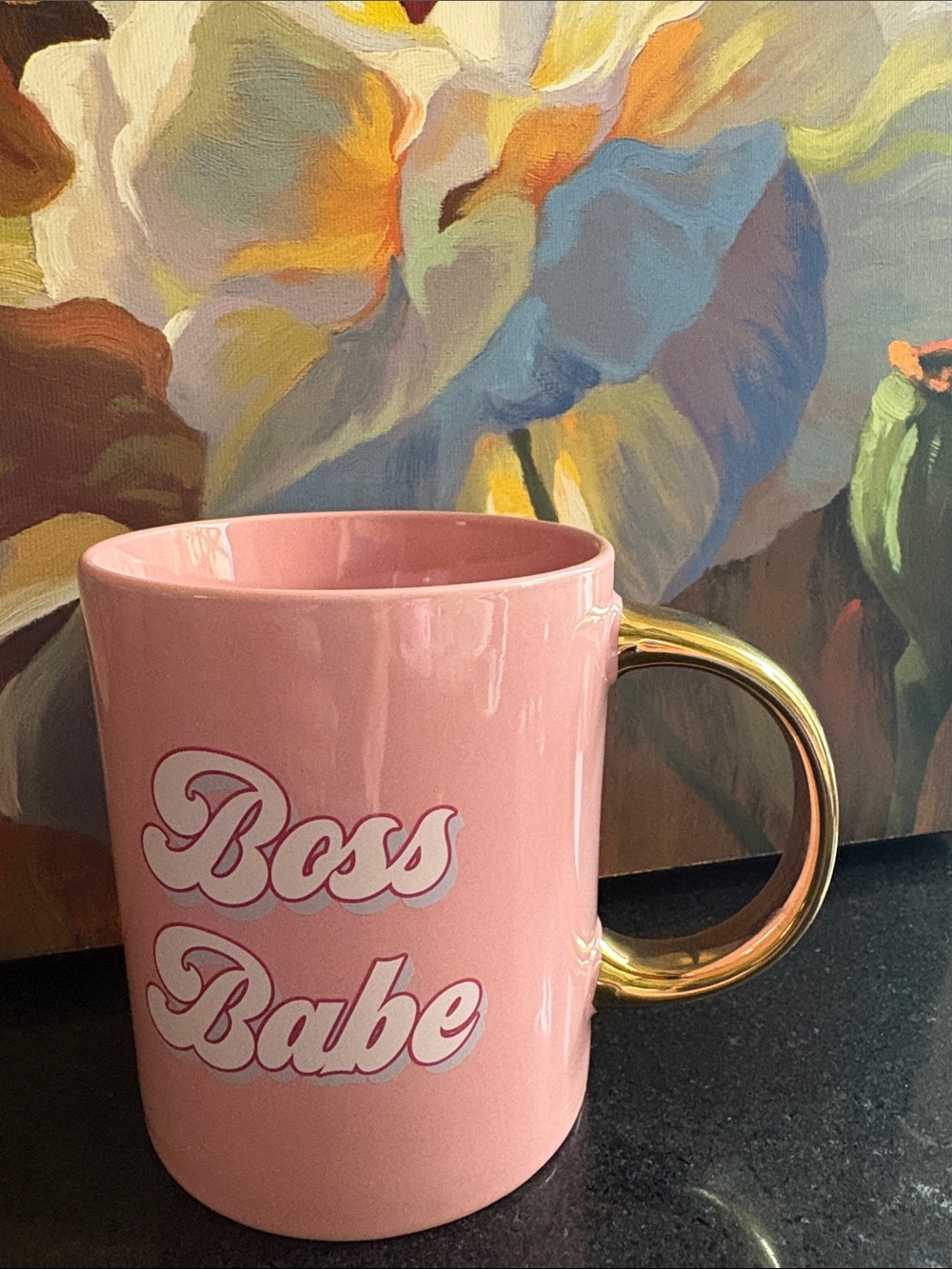 NWOT Pink "Boss Babe" Ceramic Mug with Gold Handle